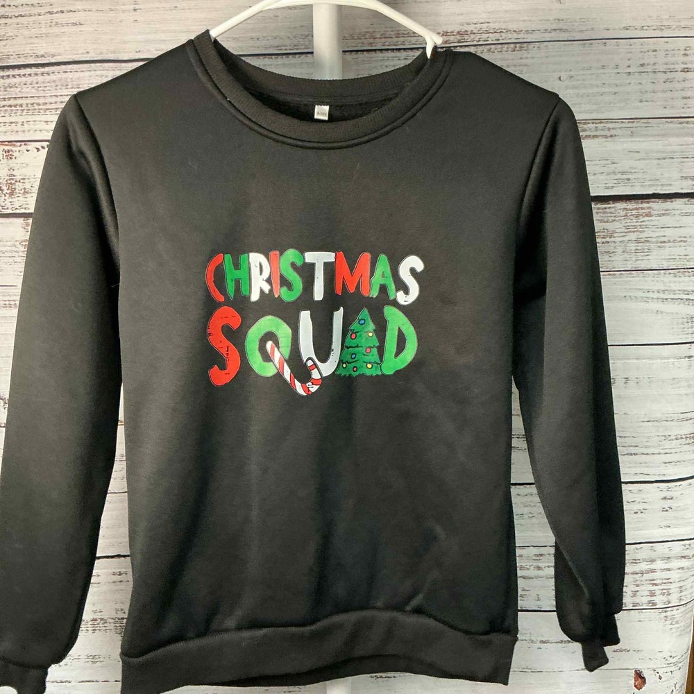 Kids Christmas Squad‎ Sweatshirt Black Holiday Tree Candy Cane Size 9 10 Y